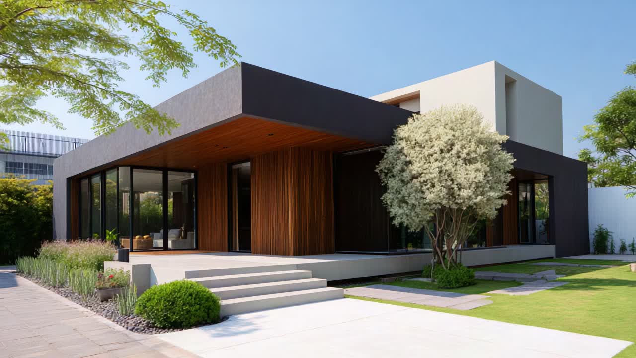 Diseño arquitectónico moderno de una casa elegante con un espacio exterior refinado rodeada de una exuberante vegetación, con amplias ventanas y luz natural para mayor comodidad
