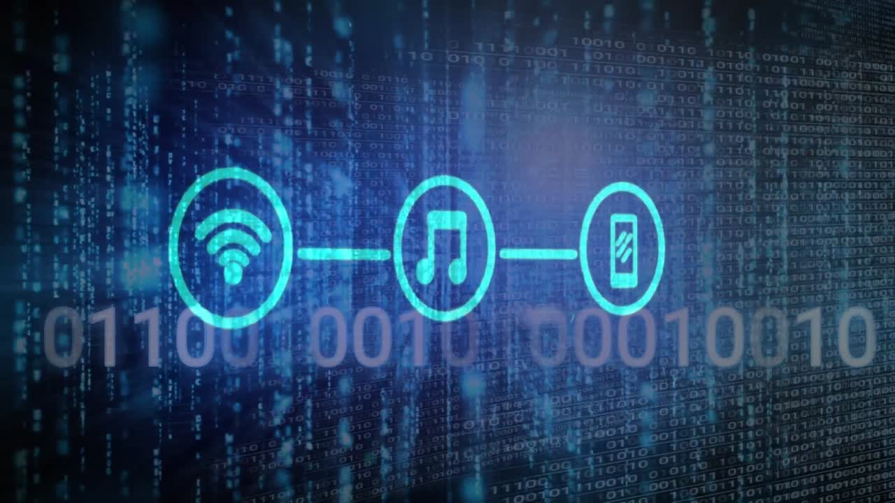 animação de processamento de dados e ícones sobre fundo escuro
