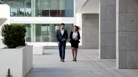 positive smiling business colleagues walking near office