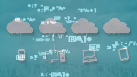 animation of digital clouds, marks and tech icons over cityscape