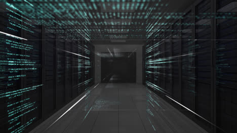 animation of a tunnel made of data processing over empty server rooms