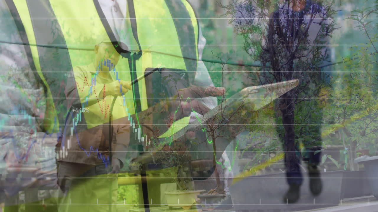 Hi-vis worker tapping tablet while gardener watering plants with financial charts floating overhead