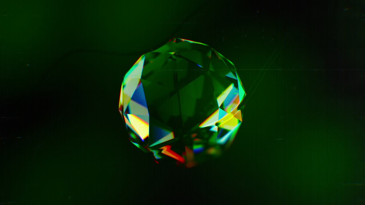 Abstract Green Gemstone Rotating with Colorful Light Reflections