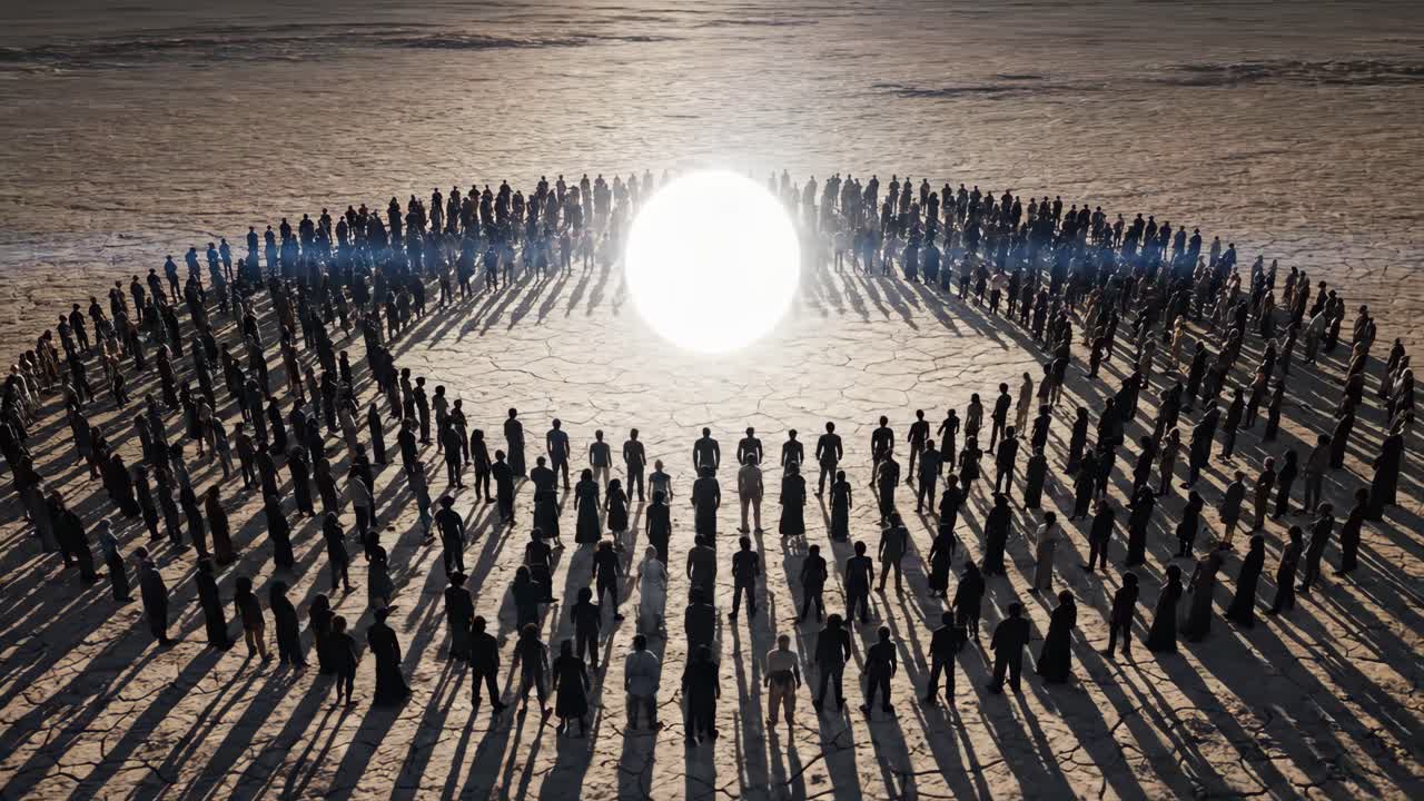 A circle of people surrounding a bright sphere in the desert