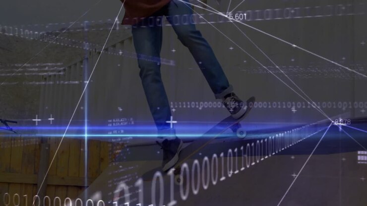 Skateboarder performing grinding trick along metal rail, featuring animated binary code overlay