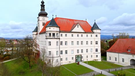 Aerial-View-Of-Schloss-Hartheim-Castle-At-Alkoven-In-Upper-Austria---Drone-Shot