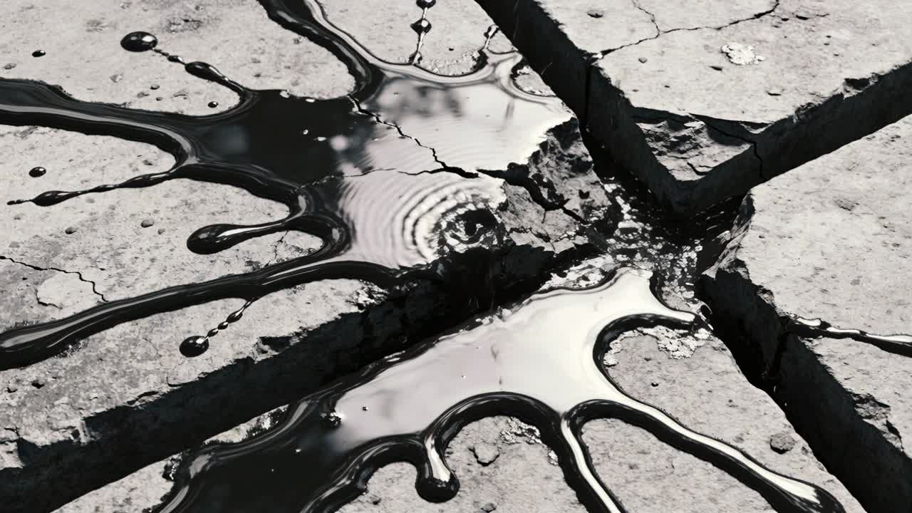 Falling droplets creating ripples across black pool on concrete cracks, liquid filling fissures