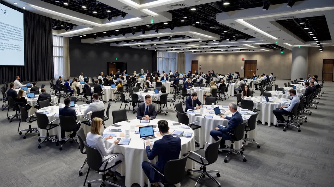 Business professionals are sitting at round tables, engaging in discussions and working on laptops during a collaborative conference held in a modern, spacious venue