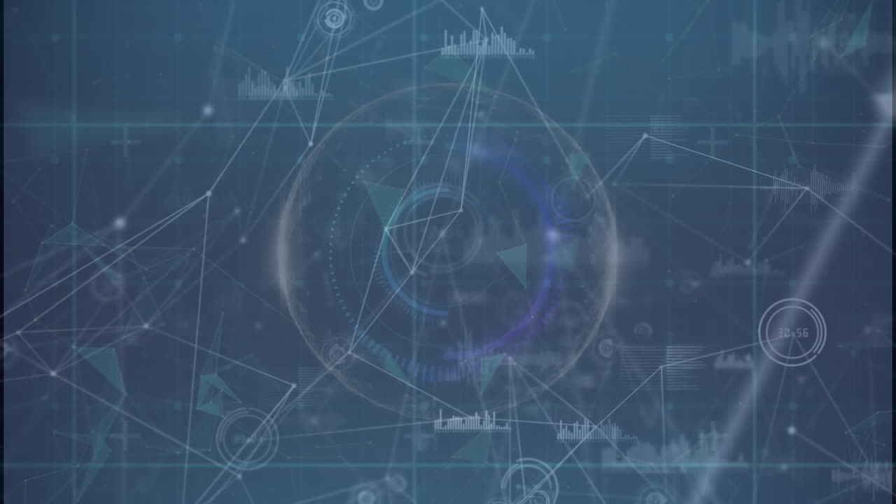 파란색 배경에 대한 둥근 스캐너를 통해 연결 네트워크와 데이터 처리의 애니메이션