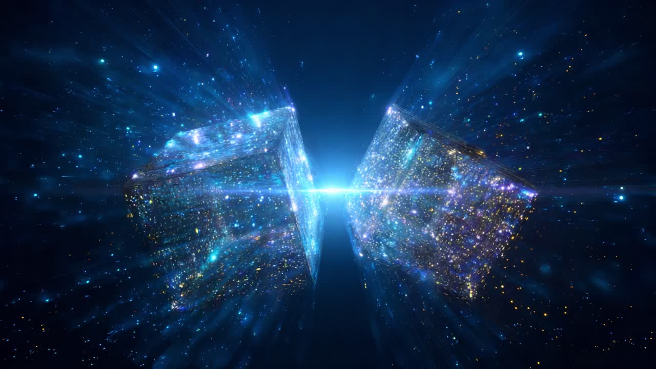 A Stunning Visualization of Cosmic Cubes Dividing Space, Illuminated by a Brilliant Radiance, Creates a Mesmerizing Display of Light and Color in a Celestial Atmosphere