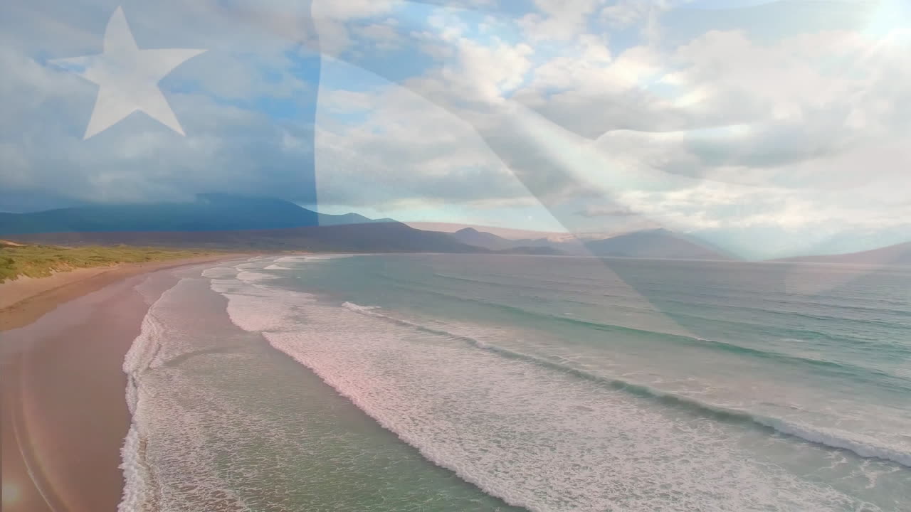 animación de la bandera de chile ondeando sobre el paisaje de la playa