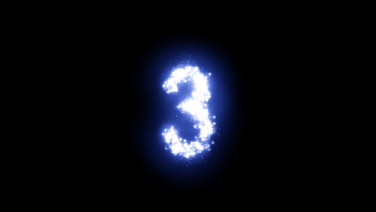 Glowing number three with sparkling stars on transparent background