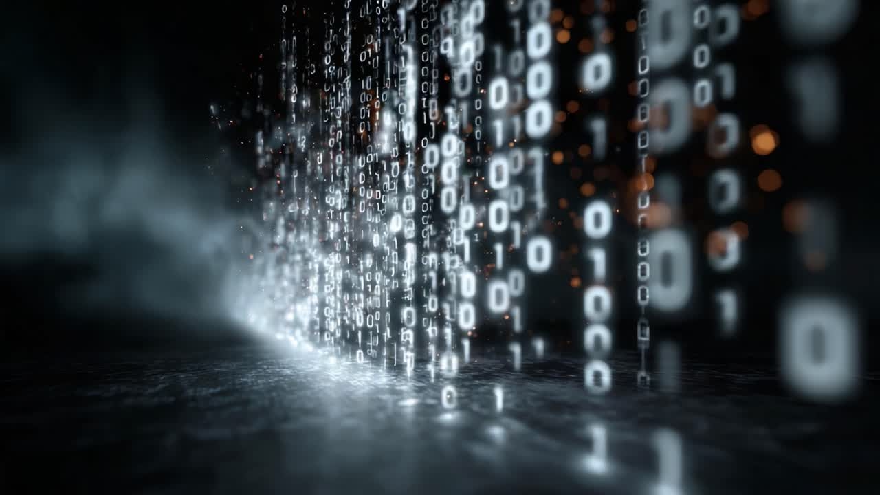 A Stunning Visual Journey Through Binary Data Streams: Exploring the Dynamic Interaction of Ones and Zeros Against a Dark Atmosphere