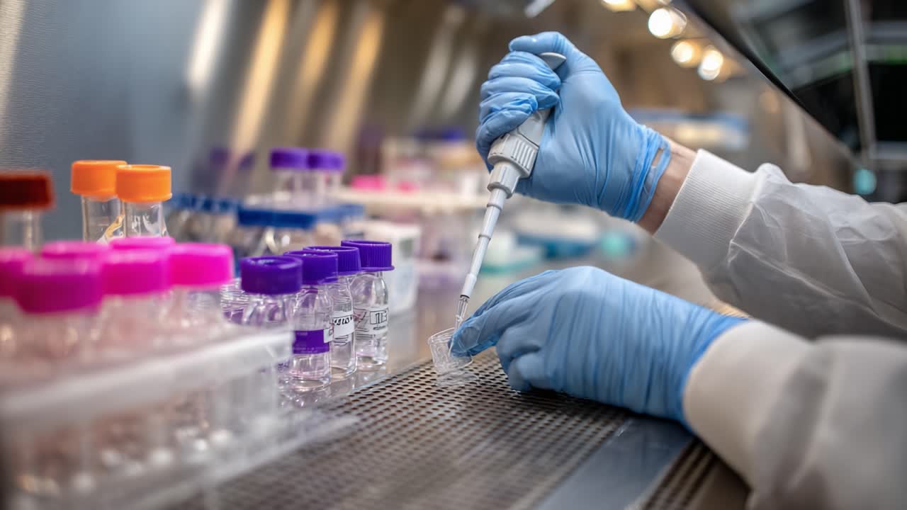 A Laboratory Scene Featuring Precision Pipetting Techniques as a Researcher Effectively Transfers Liquid Samples in a Controlled Environment for Scientific Analysis