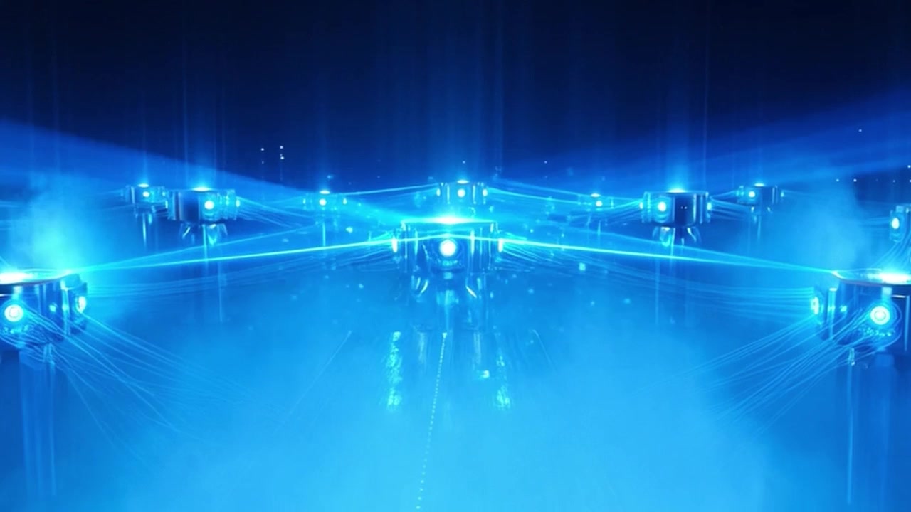 Futuristic Network Nodes Connecting with Glowing Blue Light Beams