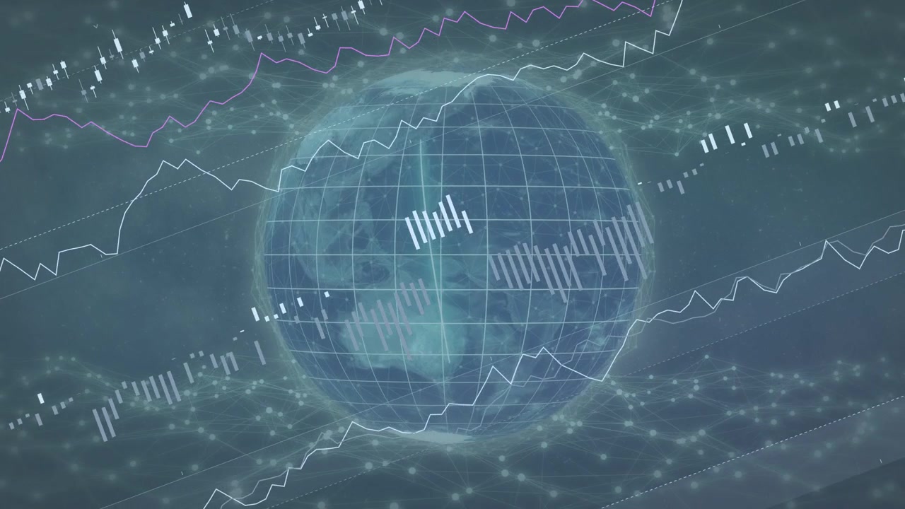 Diagonal scan starting globe animation, particle net pulsing while charts and bars visualizing data