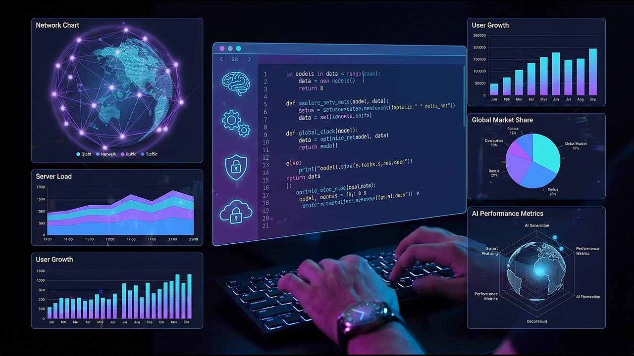 Digital analytics dashboard floating above programmer typing code on laptop in dark workspace