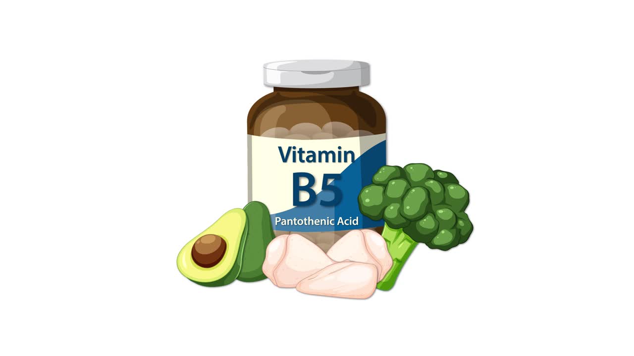 Vitamin B5 bottle appears with avocado, chicken, and broccoli on clean white background, smooth transitions