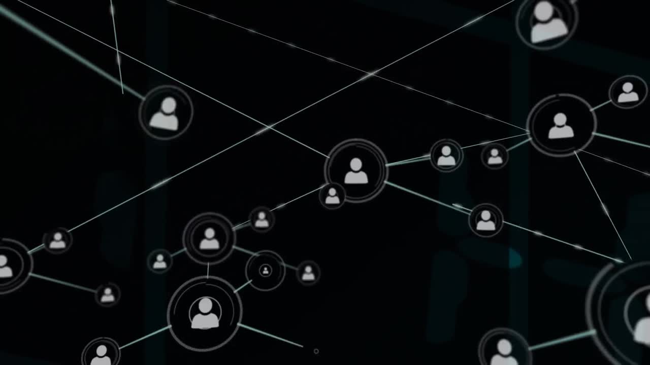 Animation of network of connections with icons on dark background