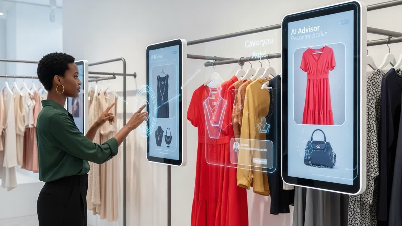 A woman engages with interactive retail technology, selecting clothing options displayed on digital screens in a modern fashion store environment.