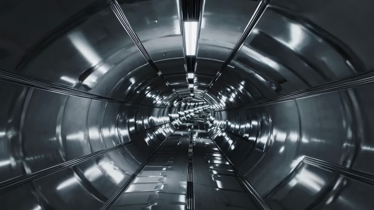 Futuristic metallic tunnel showcasing dynamic light reflections and depth, illustrating a continuous motion sequence through a sleek, modern environment