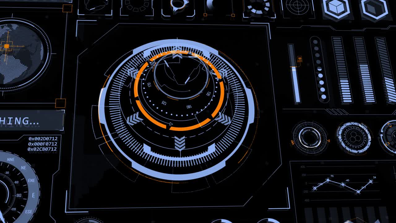 Motion graphic of head up display ( HUD UI ) technology interface screen with futuristic 3D elements graph and chat panel