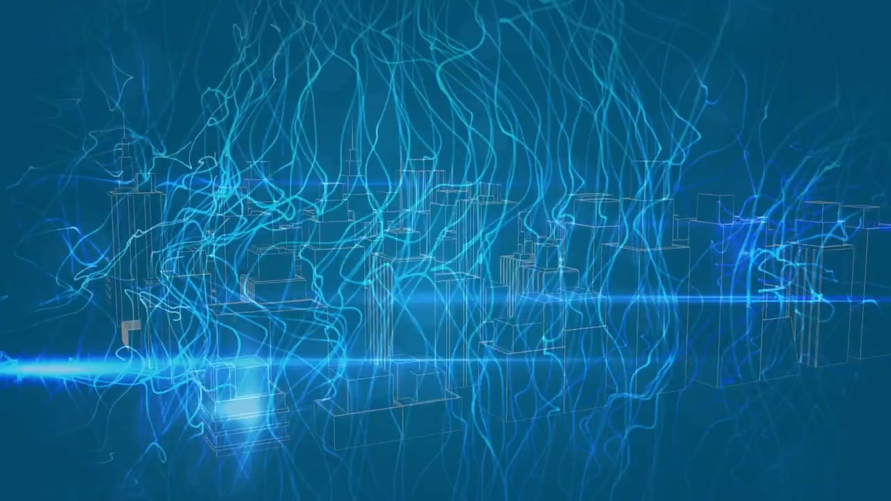 Animation of network of connections over 3d cityscape spinning on blue background
