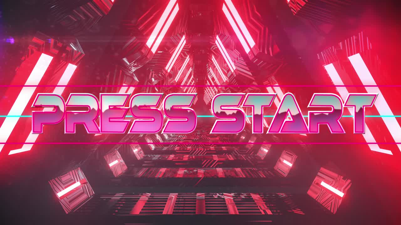 비디오 게임 화면을 시작하고 분홍색 삼각형과 반 ⁇ 이는 네온을 누르십시오.