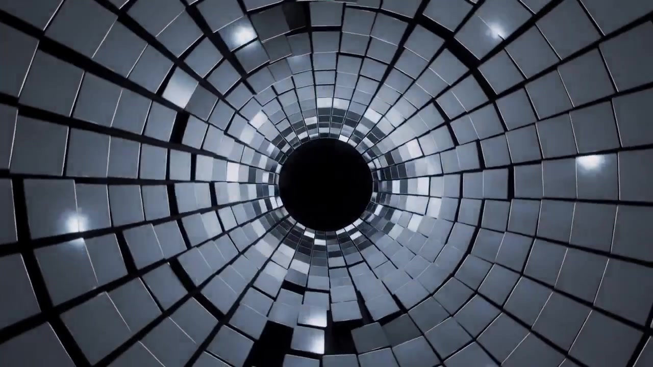 Advancing camera pushing toward tile tunnel at shaft, pulsing panels tightening halo on aperture