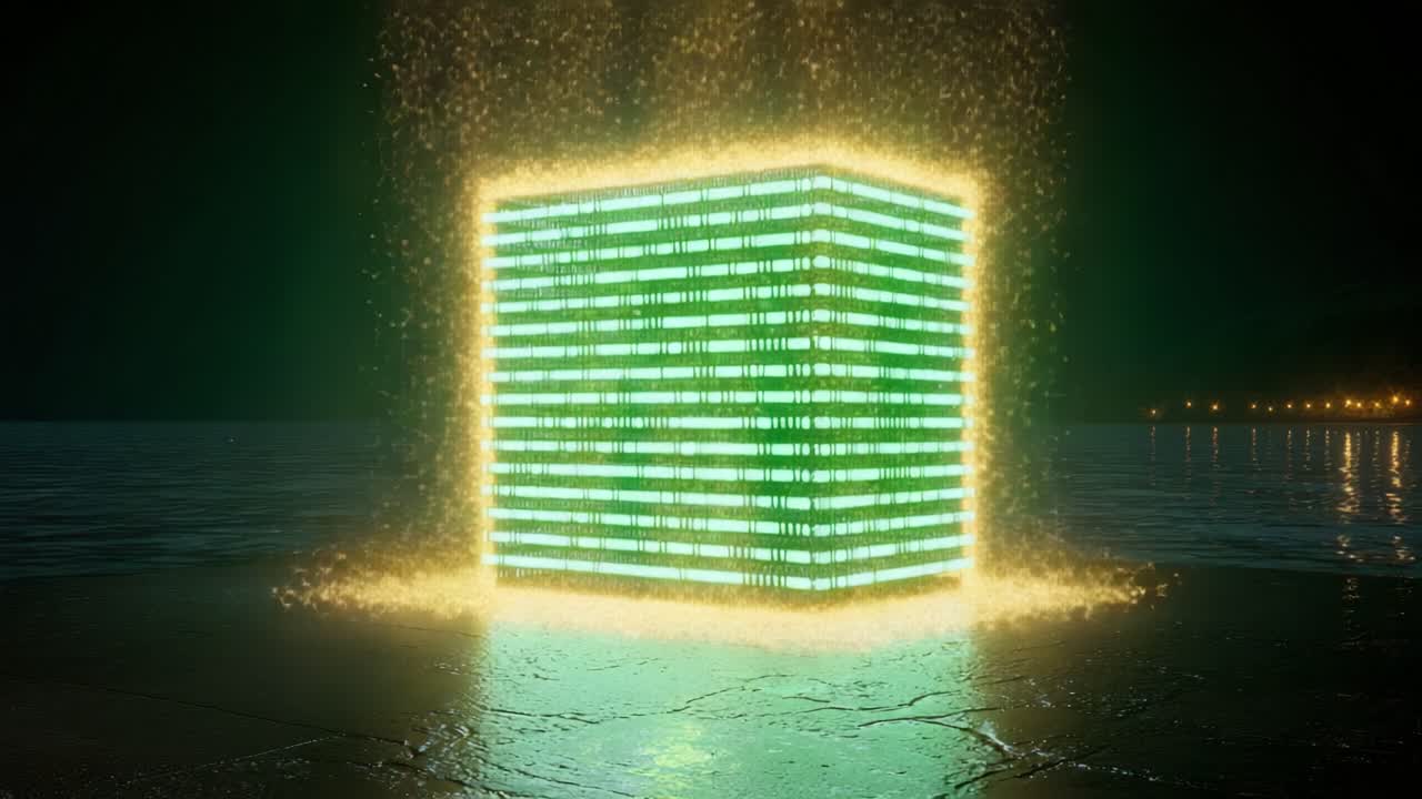 Futuristic green cube with binary code glowing emerges from the dark ocean at night, surrounded by shimmering golden energy particles in a surreal technological concept representing data processing