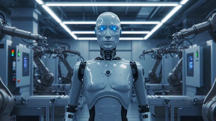 Un robot umanoide futuristico si erge in un ambiente di produzione ad alta tecnologia, mostrando capacità avanzate con occhi blu illuminati e arti articolati, fondendo tecnologia e arte.