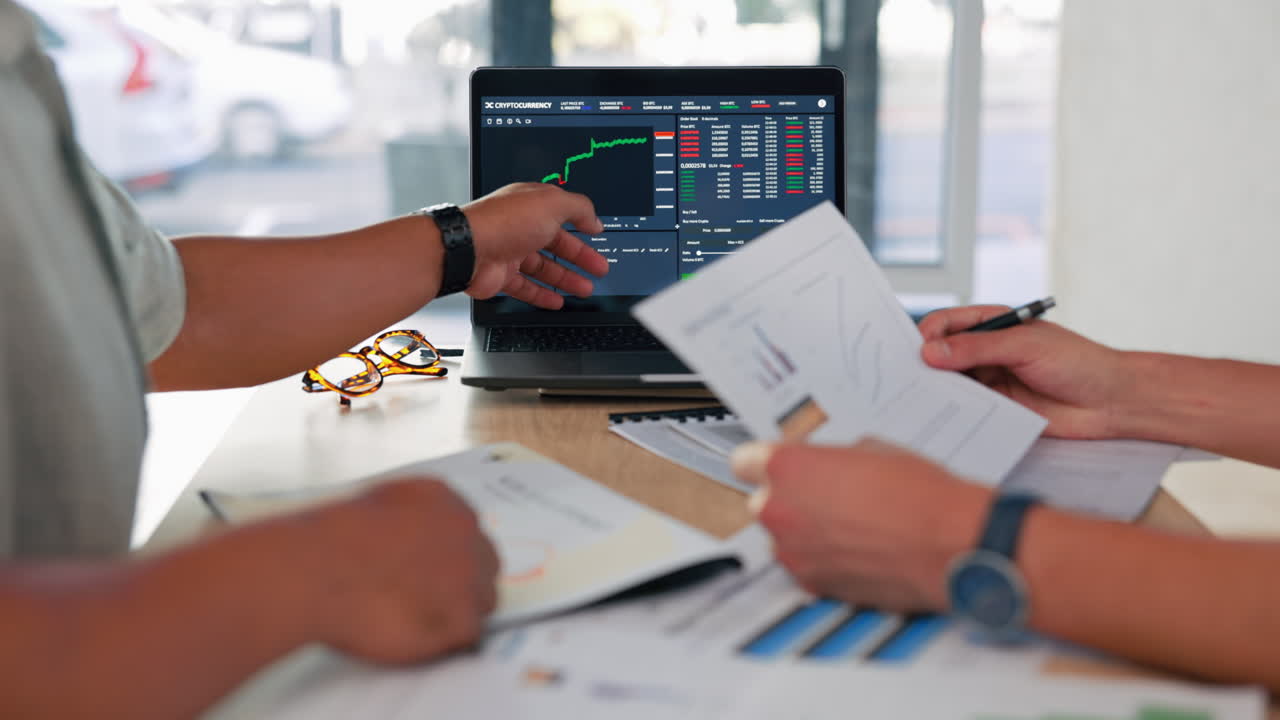 Business people, hands and laptop in meeting