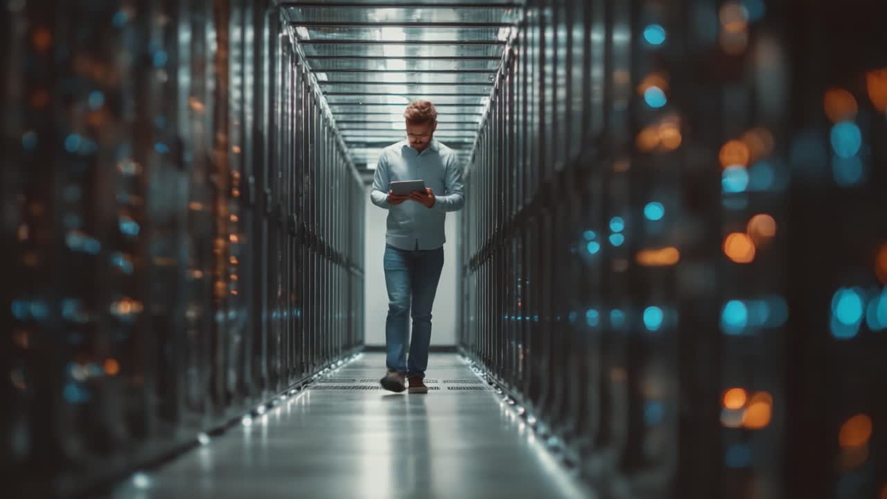 A Man Navigates Through a Server Room, Engaged with a Device Amidst Rows of Machines Illuminated by Cool Light, Highlighting the Blend of Technology and Human Interaction