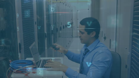 Worried-man-in-a-computer-server-room-using-a-laptop