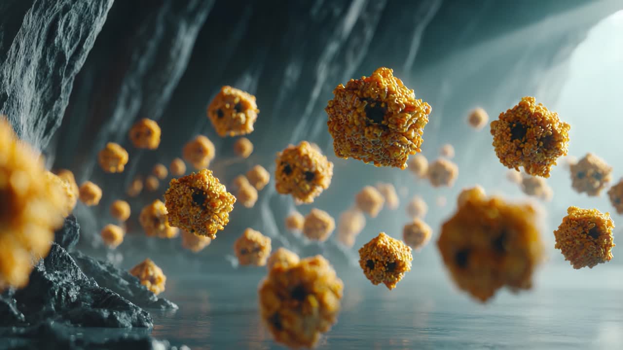 A mesmerizing view of microscopic entities gracefully floating through a surreal cave-like environment illuminated by soft light, creating a captivating and vibrant scene