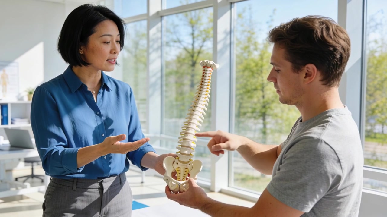 Reaching doctor in blue blouse and patient holding spine model in clinic explaining spinal anatomy