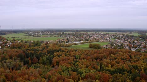 Stabilzed-view-from-a-high-positioned-drone-at-a-little-village-next-to-a-autumn-colored-forest-with-some-driving-cars-as-moving-elements-in-the-background