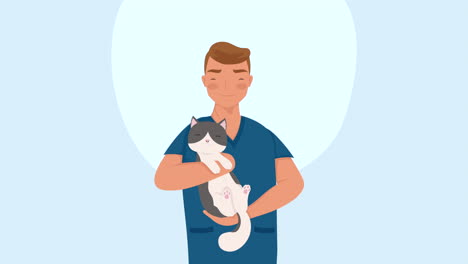 male veterinary worker lifting cat animation