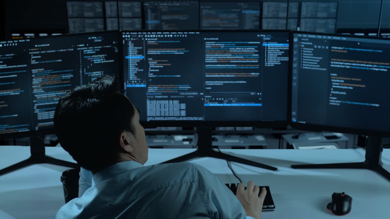 vista trasera de un hombre asiático aburrido desarrollador escribir código con múltiples pantallas de computadora en la oficina