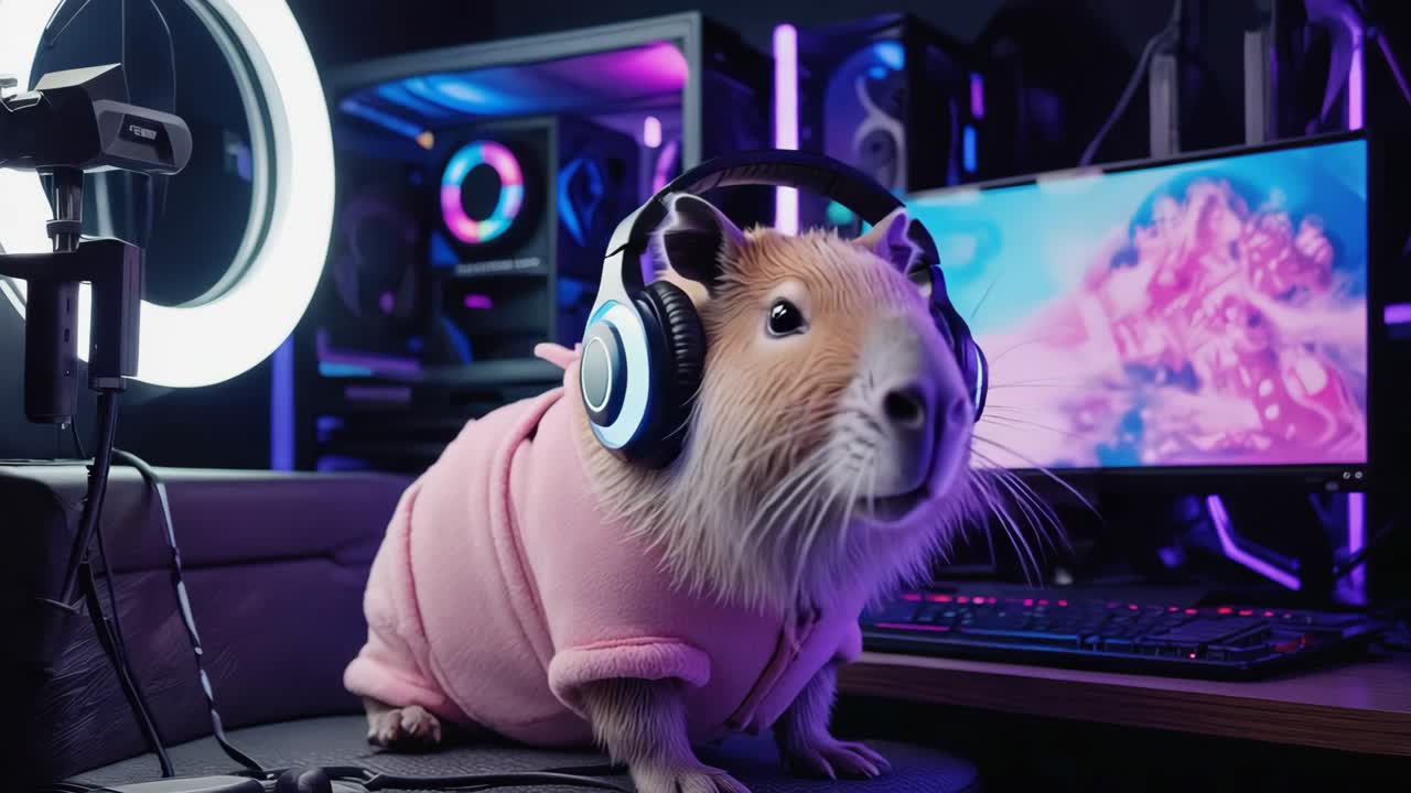 Capybara Gamer with Headphones in a Gaming Setup
