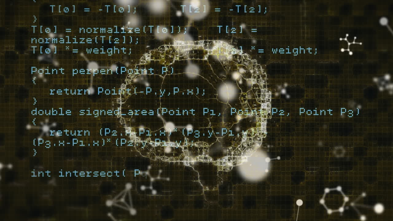 Animation of human brain and scientific data processing on dark background