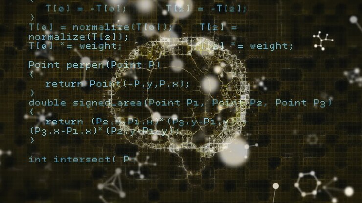 Animation of human brain and scientific data processing on dark background