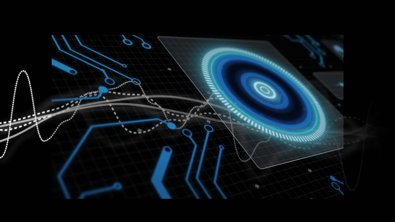 Glowing blue elements and data graphs in futuristic digital animation interface