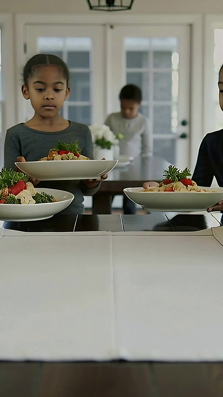 Vertical video: Dad and boy smoothing tablecloth at dining table, with plates arriving for dinner