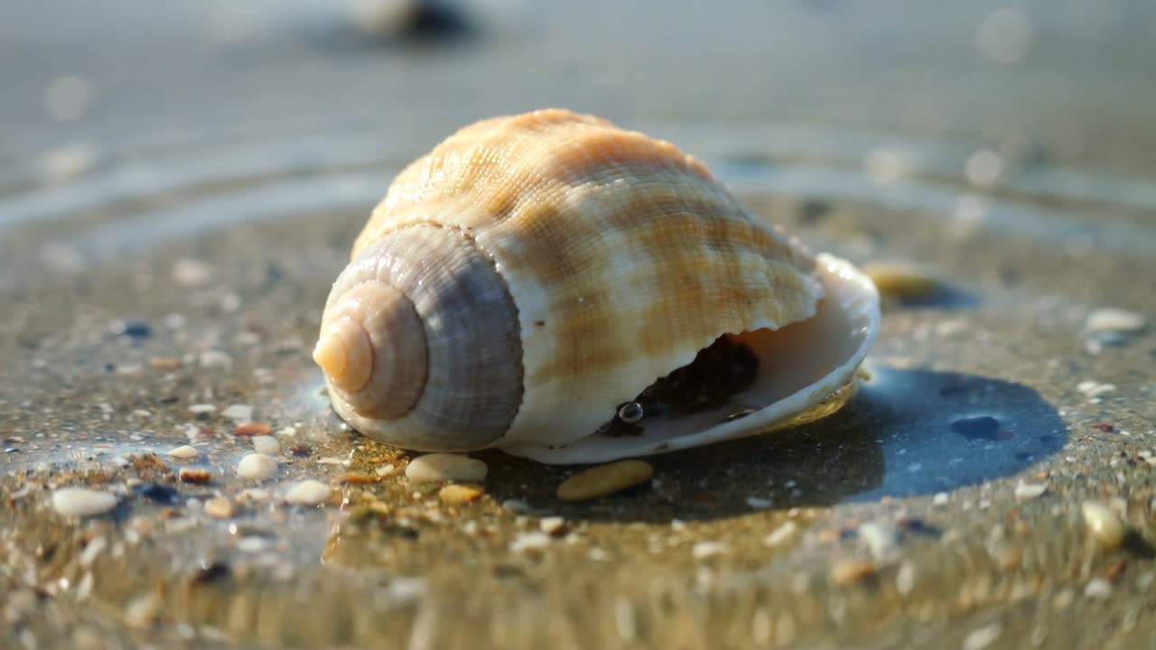 Pequeña onda entrante lavando alrededor de una concha en espiral sobre la arena de marea, formando un charco con una pequeña burbuja.
