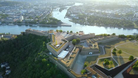 aerial shot of ehrenbreitstein fortress in germany, a unesco world heritage site built between 1817-1828. also seen is the rhine river