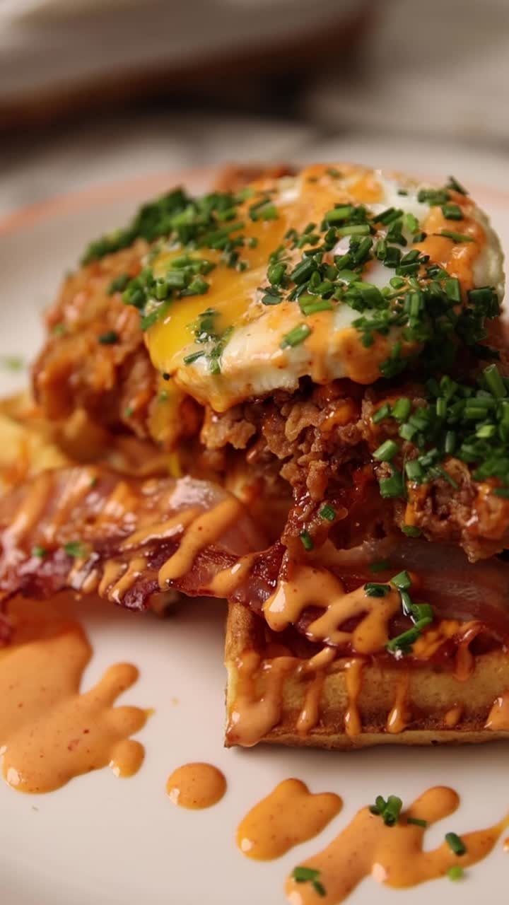 Delizioso waffle con pollo fritto, pancetta e uovo fritto.