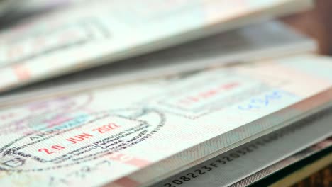 close-up of multiple passports with stamps