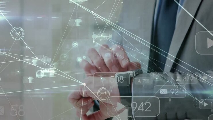 Animation of network of connections with icons over man using smartwatch