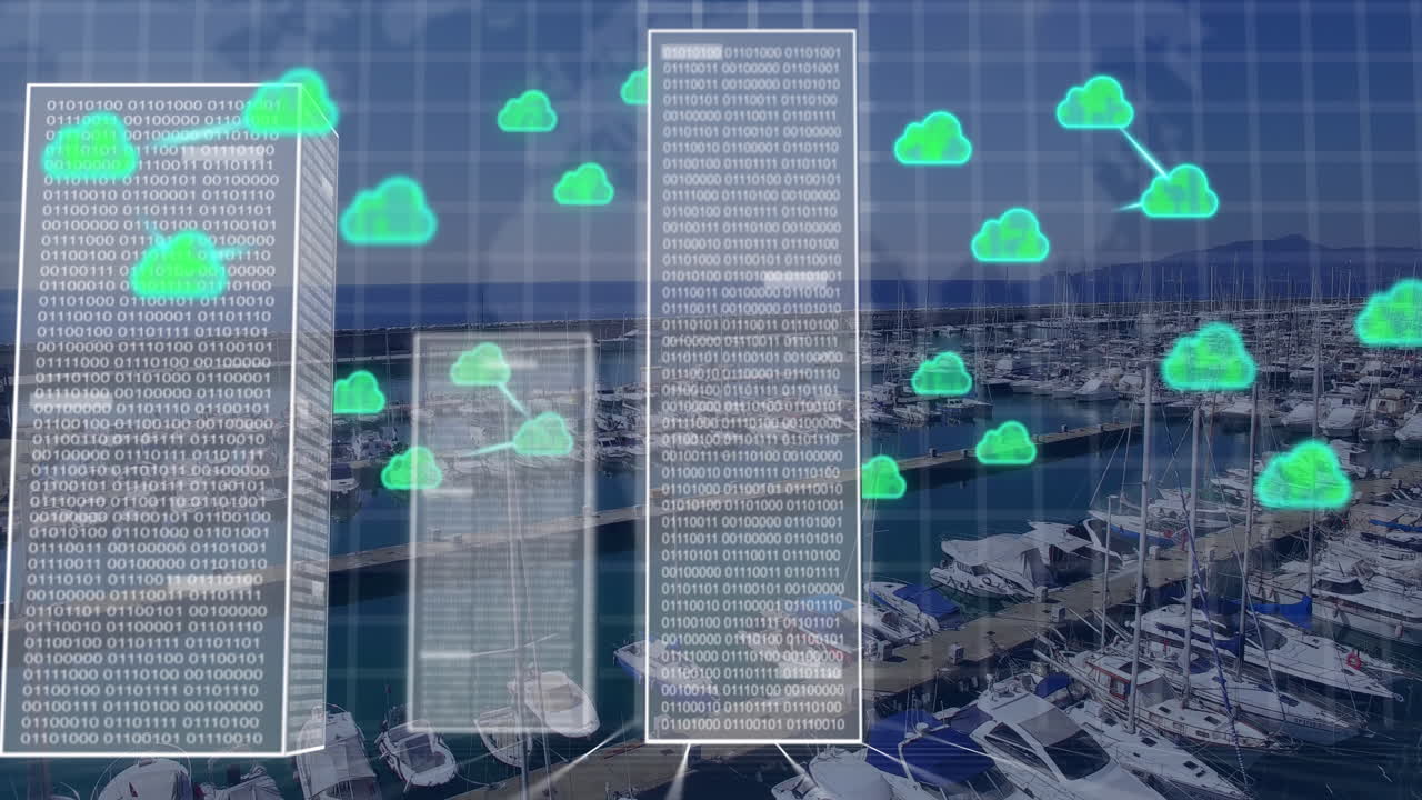 animación de nubes y procesamiento de datos sobre el paisaje urbano.